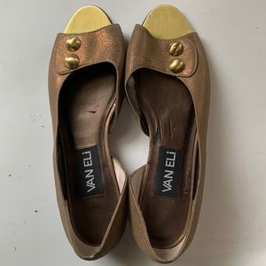 Peep-Toe Copper and Gold Flat Sandal